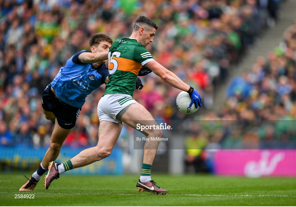 30 July 2023; Paul Geaney of Kerry is tackled by David Byrne of Dublin during the GAA Football All-Ireland Senior Championship final match between Dublin and Kerry at Croke Park in Dublin. Photo by Ray McManus/Sportsfile