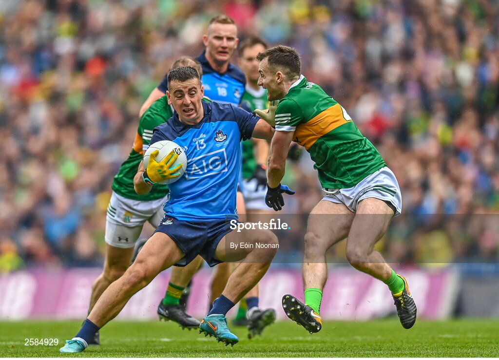 30 July 2023; Cormac Costello of Dublin in action against Tom O'Sullivan of Kerry during the GAA Football All-Ireland Senior Championship final match between Dublin and Kerry at Croke Park in Dublin. Photo by Eóin Noonan/Sportsfile