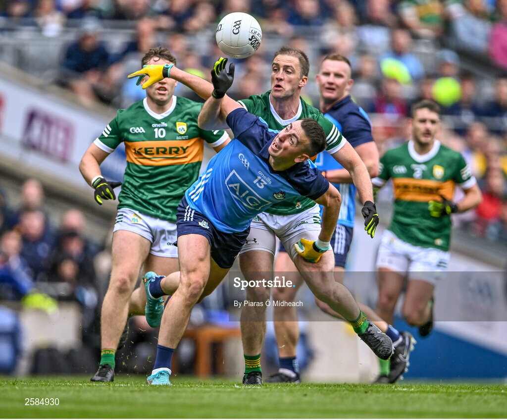 30 July 2023; Cormac Costello of Dublin in action against Stephen O'Brien of Kerry during the GAA Football All-Ireland Senior Championship final match between Dublin and Kerry at Croke Park in Dublin. Photo by Piaras Ó Mídheach/Sportsfile
