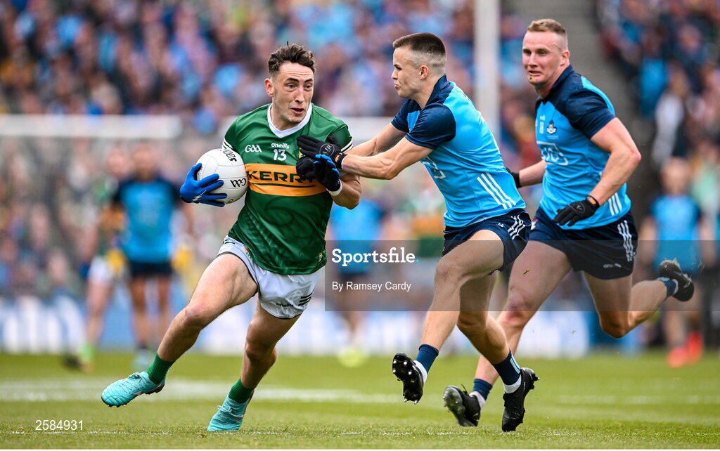 30 July 2023; Paudie Clifford of Kerry is tackled by Eoin Murchan of Dublin during the GAA Football All-Ireland Senior Championship final match between Dublin and Kerry at Croke Park in Dublin. Photo by Ramsey Cardy/Sportsfile