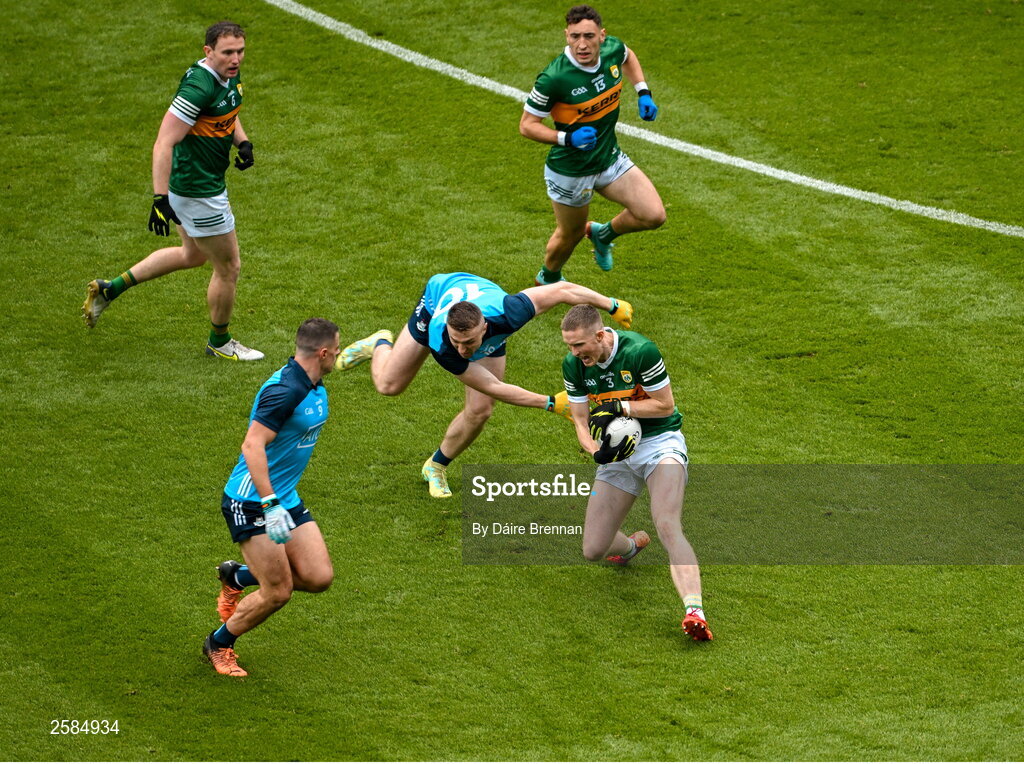 30 July 2023; Jason Foley of Kerry in action against Paddy Small of Dublin during the GAA Football All-Ireland Senior Championship final match between Dublin and Kerry at Croke Park in Dublin. Photo by Daire Brennan/Sportsfile