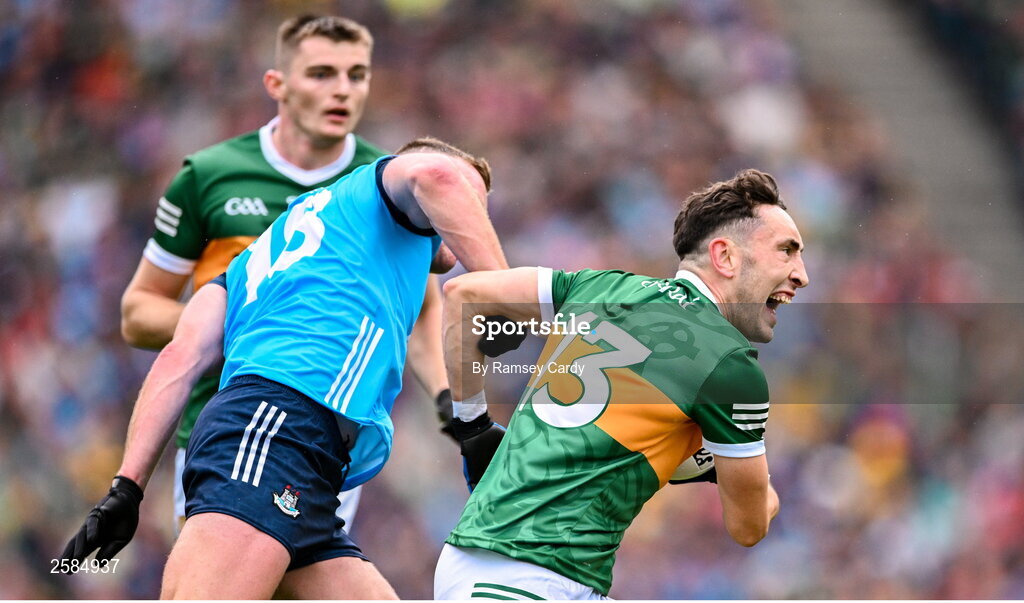 30 July 2023; Paudie Clifford of Kerry is tackled by Ciaran Kilkenny of Dublin during the GAA Football All-Ireland Senior Championship final match between Dublin and Kerry at Croke Park in Dublin. Photo by Ramsey Cardy/Sportsfile