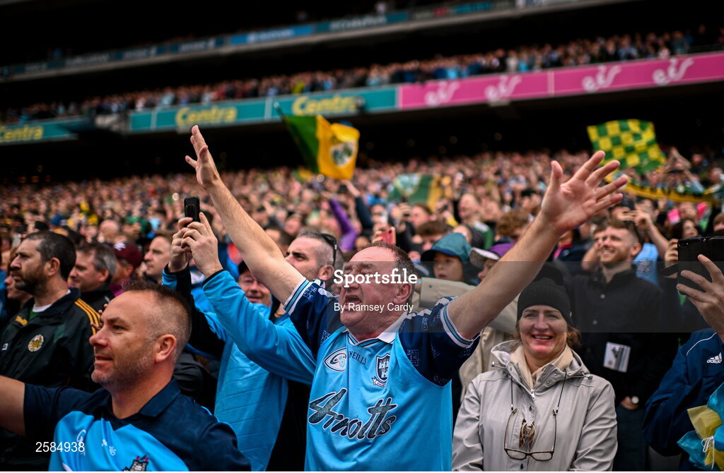 30 July 2023; Dublin supporters during the GAA Football All-Ireland Senior Championship final match between Dublin and Kerry at Croke Park in Dublin. Photo by Ramsey Cardy/Sportsfile