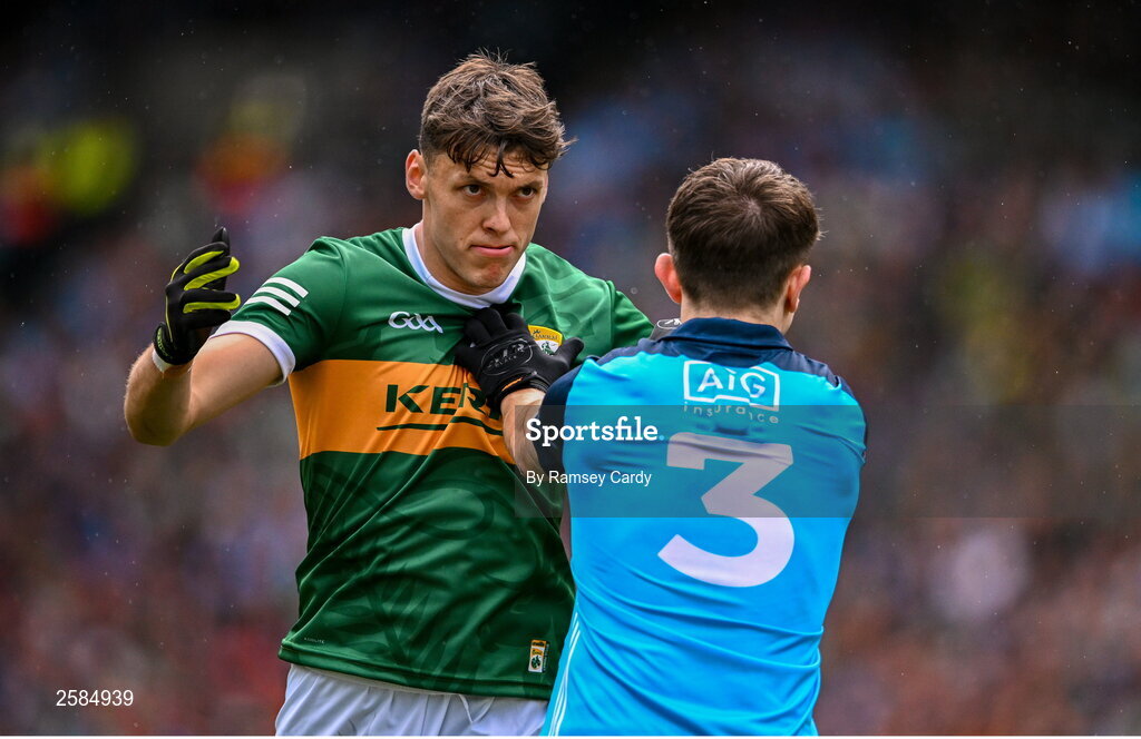 30 July 2023; David Clifford of Kerry and Michael Fitzsimons of Dublin during the GAA Football All-Ireland Senior Championship final match between Dublin and Kerry at Croke Park in Dublin. Photo by Ramsey Cardy/Sportsfile