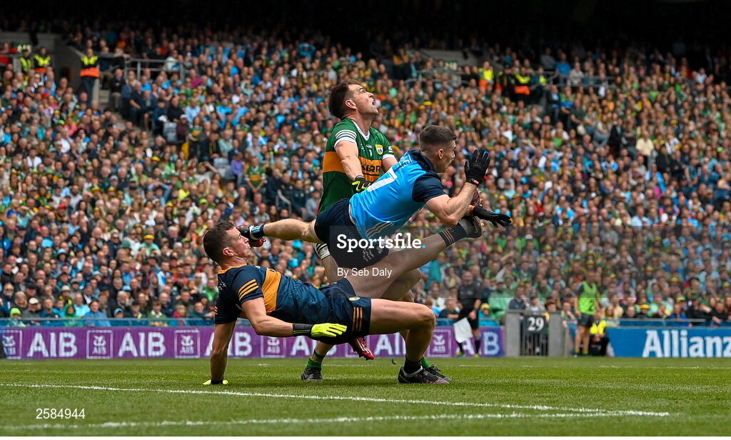 30 July 2023; Lee Gannon of Dublin collides with Kerry goalkeeper Shane Ryan during the GAA Football All-Ireland Senior Championship final match between Dublin and Kerry at Croke Park in Dublin. Photo by Seb Daly/Sportsfile