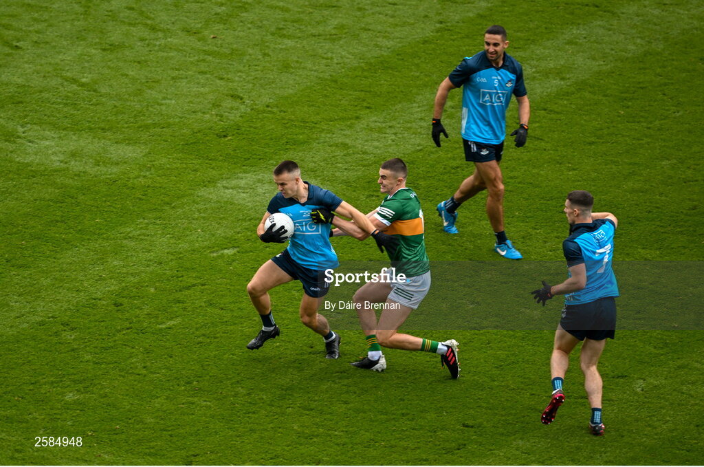 30 July 2023; Eoin Murchan of Dublin in action against Sean O'Shea of Kerry during the GAA Football All-Ireland Senior Championship final match between Dublin and Kerry at Croke Park in Dublin. Photo by Daire Brennan/Sportsfile