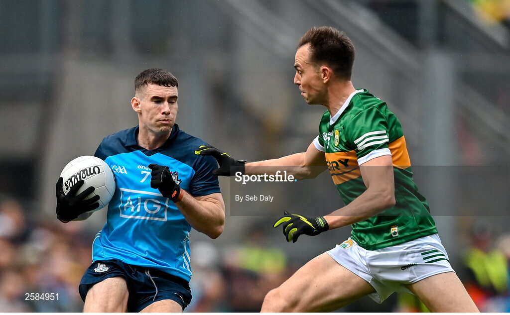 30 July 2023; Lee Gannon of Dublin in action against Jack Barry of Kerry during the GAA Football All-Ireland Senior Championship final match between Dublin and Kerry at Croke Park in Dublin. Photo by Seb Daly/Sportsfile