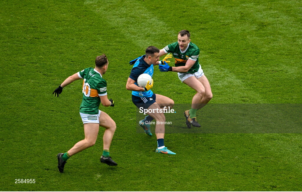 30 July 2023; Cormac Costello of Dublin in action against Dara Moynihan, left, and Tom O'Sullivan of Kerry during the GAA Football All-Ireland Senior Championship final match between Dublin and Kerry at Croke Park in Dublin. Photo by Daire Brennan/Sportsfile