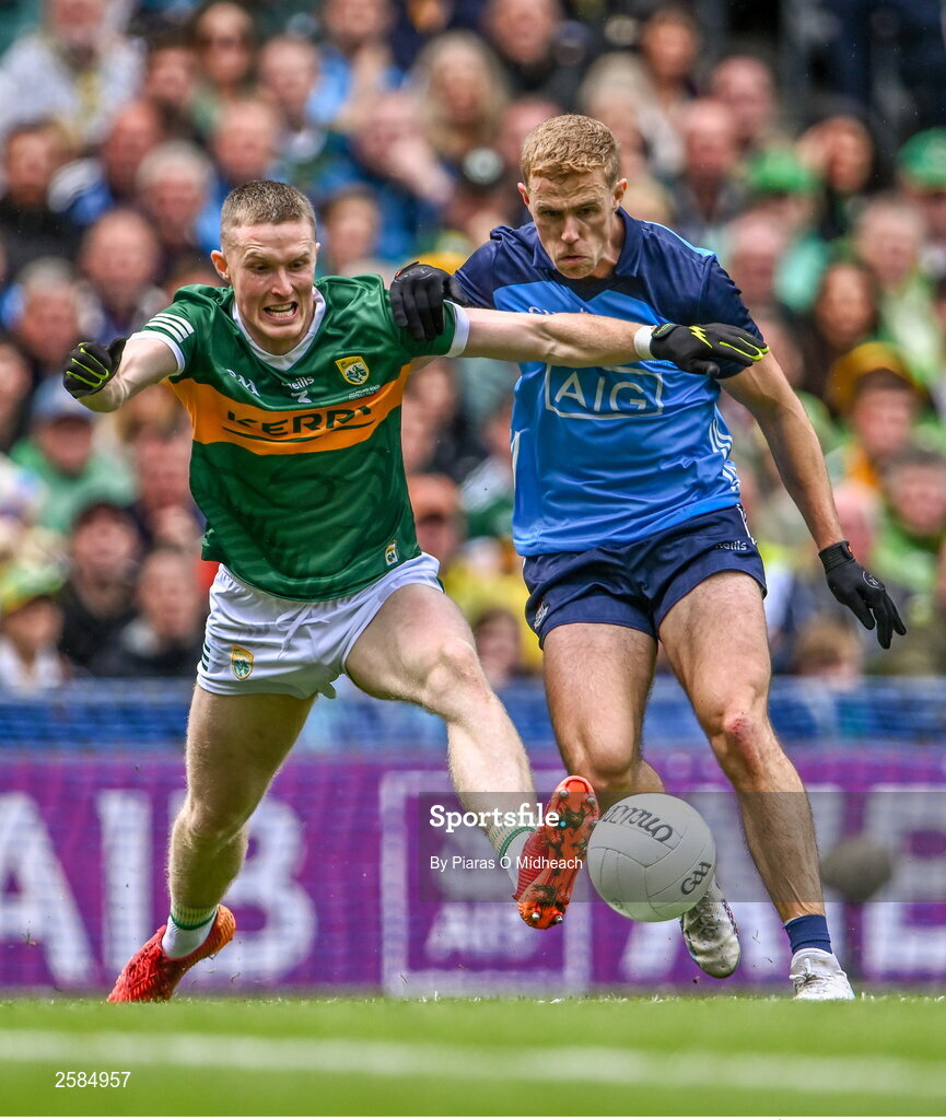 30 July 2023; Jason Foley of Kerry in action against Paul Mannion of Dublin during the GAA Football All-Ireland Senior Championship final match between Dublin and Kerry at Croke Park in Dublin. Photo by Piaras Ó Mídheach/Sportsfile