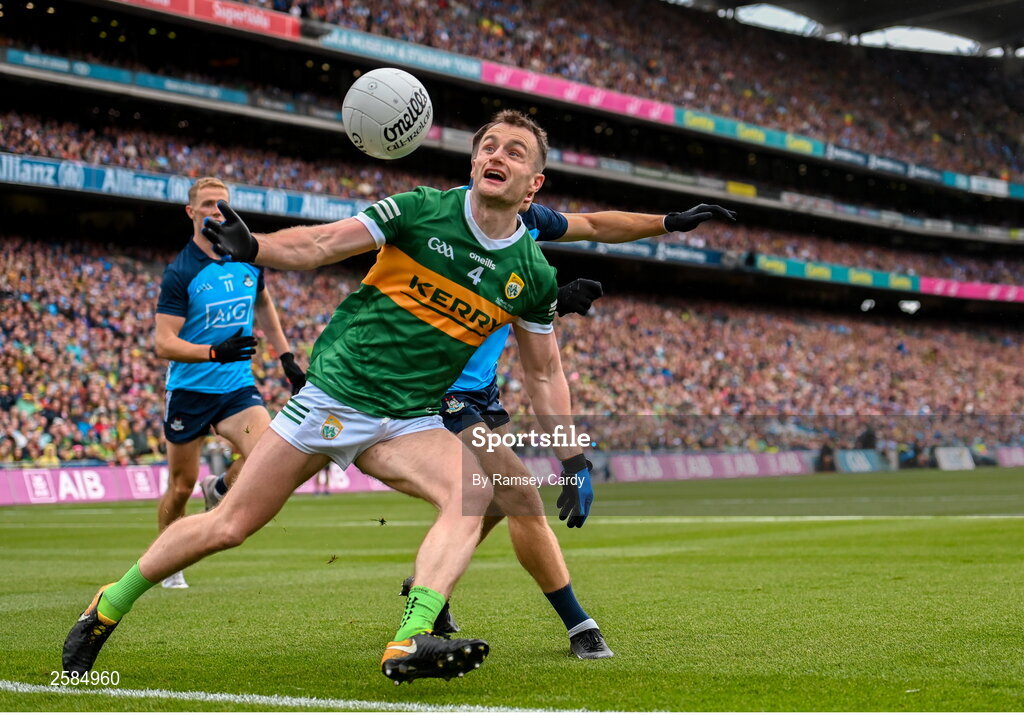 30 July 2023; Tom O'Sullivan of Kerry in action against Eoin Murchan of Dublin during the GAA Football All-Ireland Senior Championship final match between Dublin and Kerry at Croke Park in Dublin. Photo by Ramsey Cardy/Sportsfile