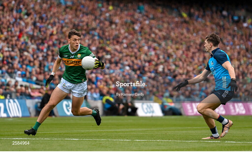 30 July 2023; David Clifford of Kerry and Michael Fitzsimons of Dublin during the GAA Football All-Ireland Senior Championship final match between Dublin and Kerry at Croke Park in Dublin. Photo by Ramsey Cardy/Sportsfile