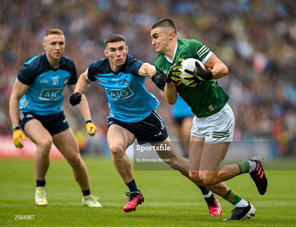 30 July 2023; Sean O'Shea of Kerry in action against Lee Gannon of Dublin during the GAA Football All-Ireland Senior Championship final match between Dublin and Kerry at Croke Park in Dublin.  Photo by Brendan Moran/Sportsfile