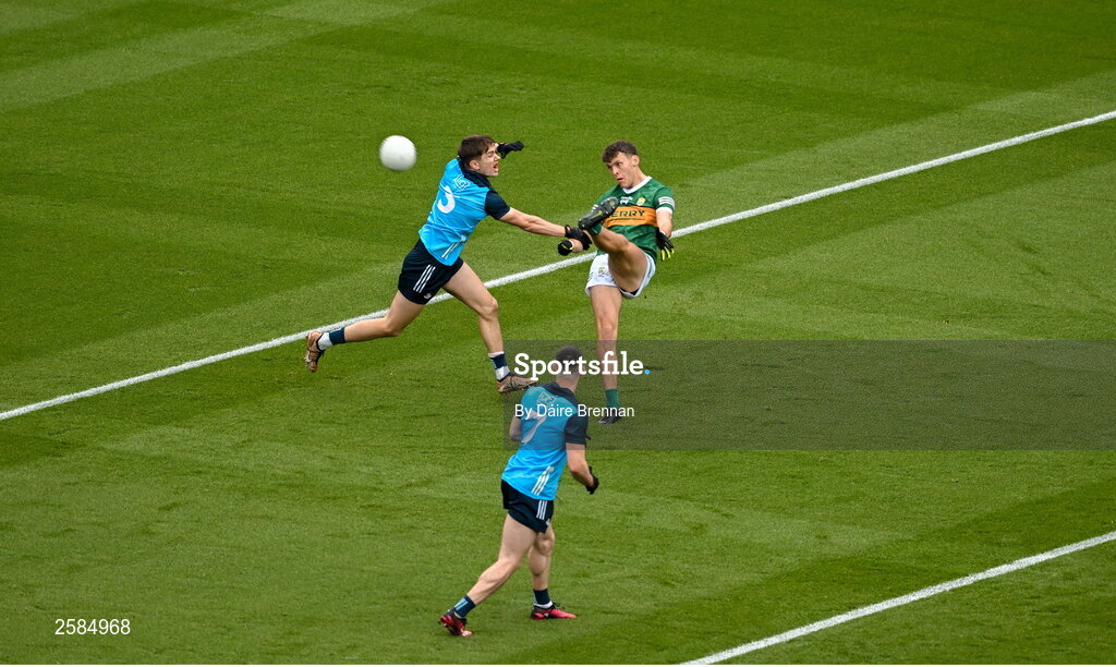 30 July 2023; David Clifford of Kerry scores a point despite the attention of Michael Fitzsimons of Dublin during the GAA Football All-Ireland Senior Championship final match between Dublin and Kerry at Croke Park in Dublin. Photo by Daire Brennan/Sportsfile