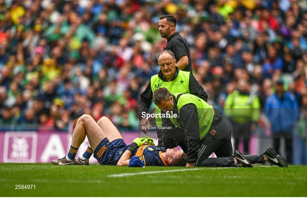 30 July 2023; Kerry goalkeeper Shane Ryan recieves medical attention during the GAA Football All-Ireland Senior Championship final match between Dublin and Kerry at Croke Park in Dublin. Photo by Eóin Noonan/Sportsfile