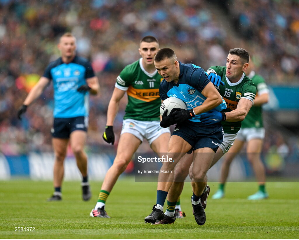 30 July 2023; Eoin Murchan of Dublin in action against Paul Geaney of Kerry during the GAA Football All-Ireland Senior Championship final match between Dublin and Kerry at Croke Park in Dublin. Photo by Brendan Moran/Sportsfile