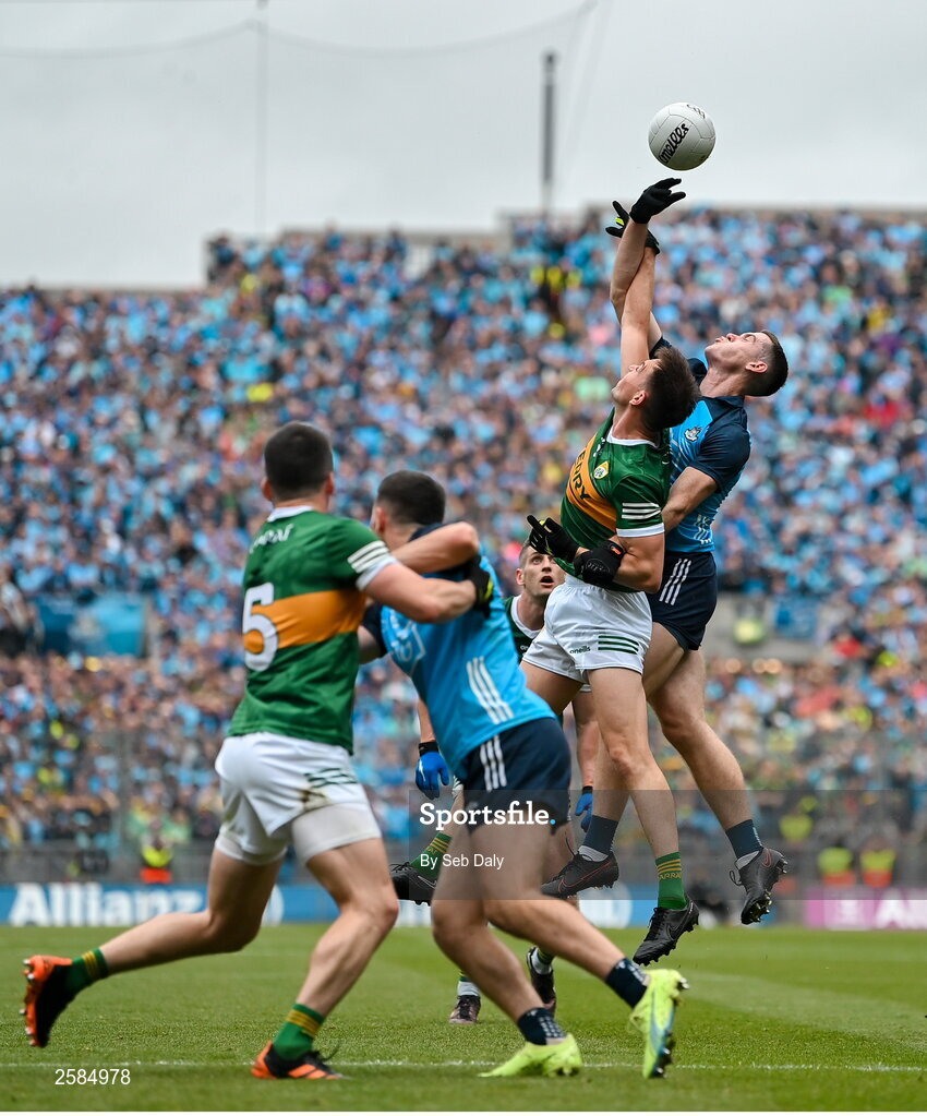 30 July 2023; Jack Barry of Kerry in action against Brian Fenton of Dublin during the GAA Football All-Ireland Senior Championship final match between Dublin and Kerry at Croke Park in Dublin. Photo by Seb Daly/Sportsfile
