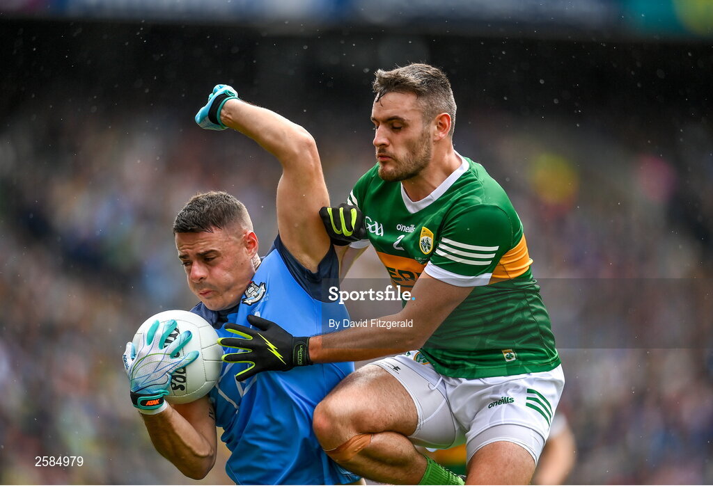 30 July 2023; Brian Howard of Dublin in action against Graham O'Sullivan of Kerry during the GAA Football All-Ireland Senior Championship final match between Dublin and Kerry at Croke Park in Dublin. Photo by David Fitzgerald/Sportsfile