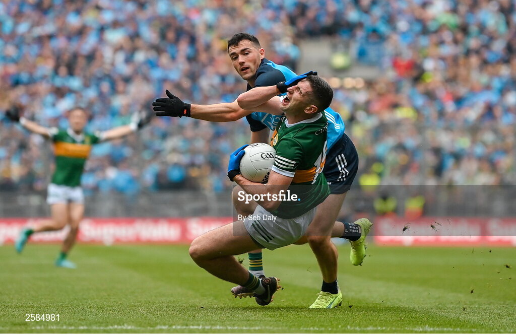 30 July 2023; Paul Geaney of Kerry is fouled by Colm Basquel of Dublin during the GAA Football All-Ireland Senior Championship final match between Dublin and Kerry at Croke Park in Dublin. Photo by Seb Daly/Sportsfile