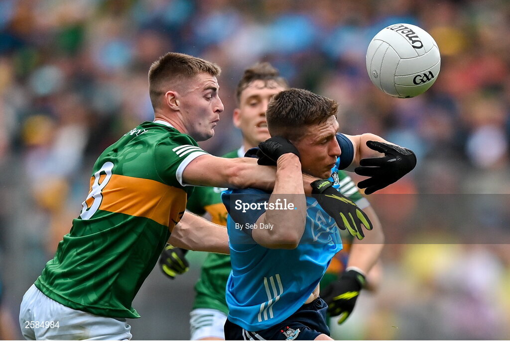 30 July 2023; John Small of Dublin is tackled by Diarmuid O'Connor of Kerry during the GAA Football All-Ireland Senior Championship final match between Dublin and Kerry at Croke Park in Dublin. Photo by Seb Daly/Sportsfile