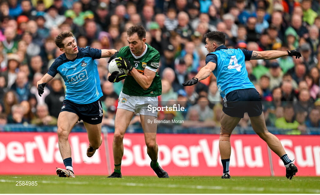 30 July 2023; Jack Barry of Kerry is tackled by Dublin players from left Michael Fitzsimons and David Byrne during the GAA Football All-Ireland Senior Championship final match between Dublin and Kerry at Croke Park in Dublin. Photo by Brendan Moran/Sportsfile