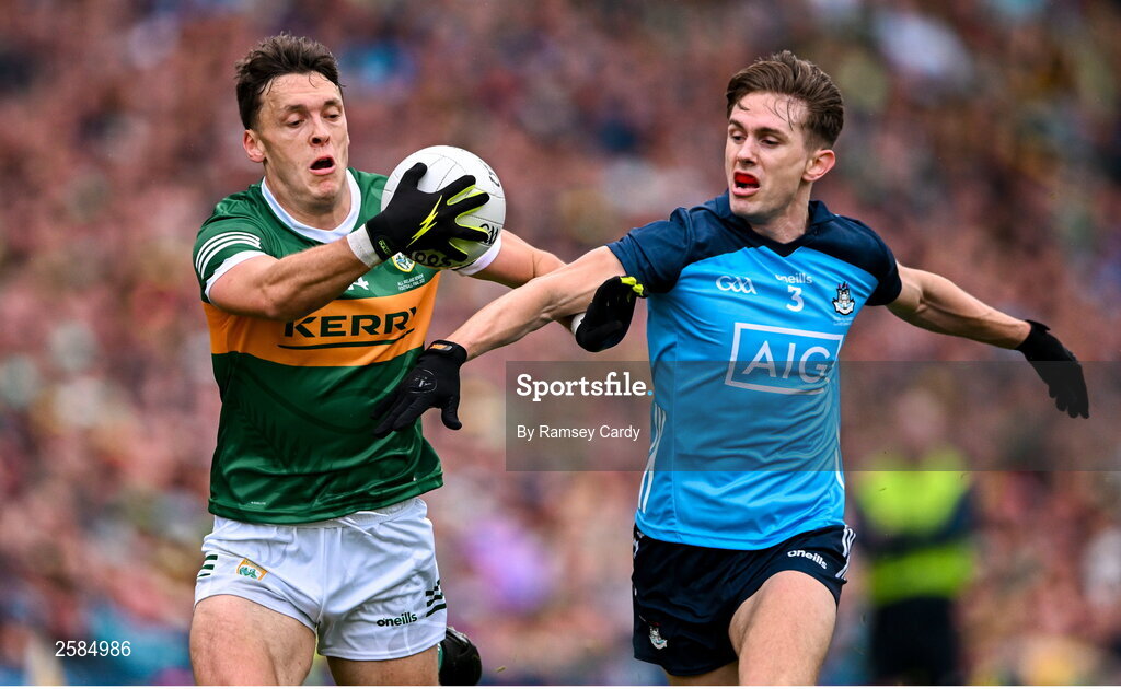 30 July 2023; David Clifford of Kerry in action against Michael Fitzsimons of Dublin during the GAA Football All-Ireland Senior Championship final match between Dublin and Kerry at Croke Park in Dublin. Photo by Ramsey Cardy/Sportsfile