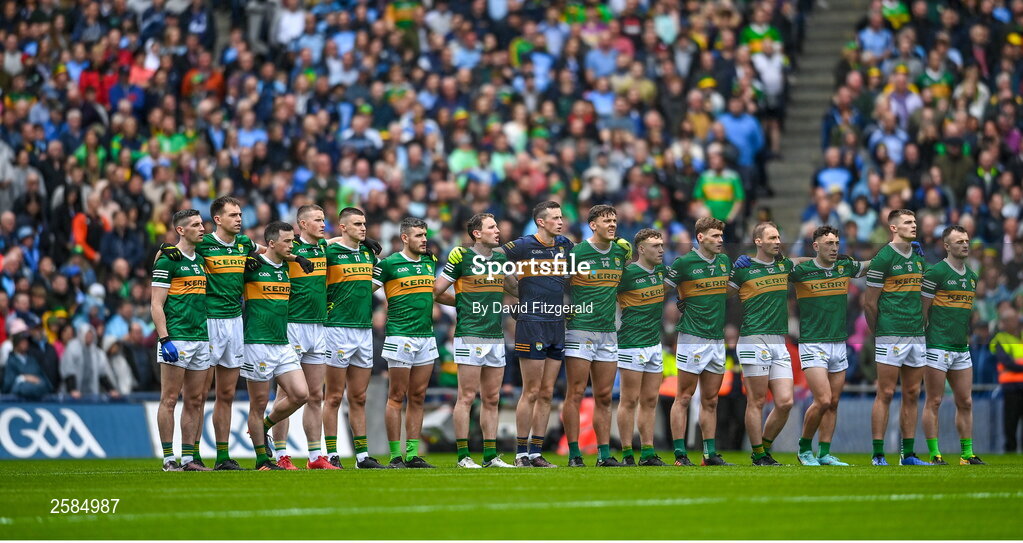 30 July 2023; The Kerry squad during the National Anthem before the GAA Football All-Ireland Senior Championship final match between Dublin and Kerry at Croke Park in Dublin. Photo by David Fitzgerald/Sportsfile