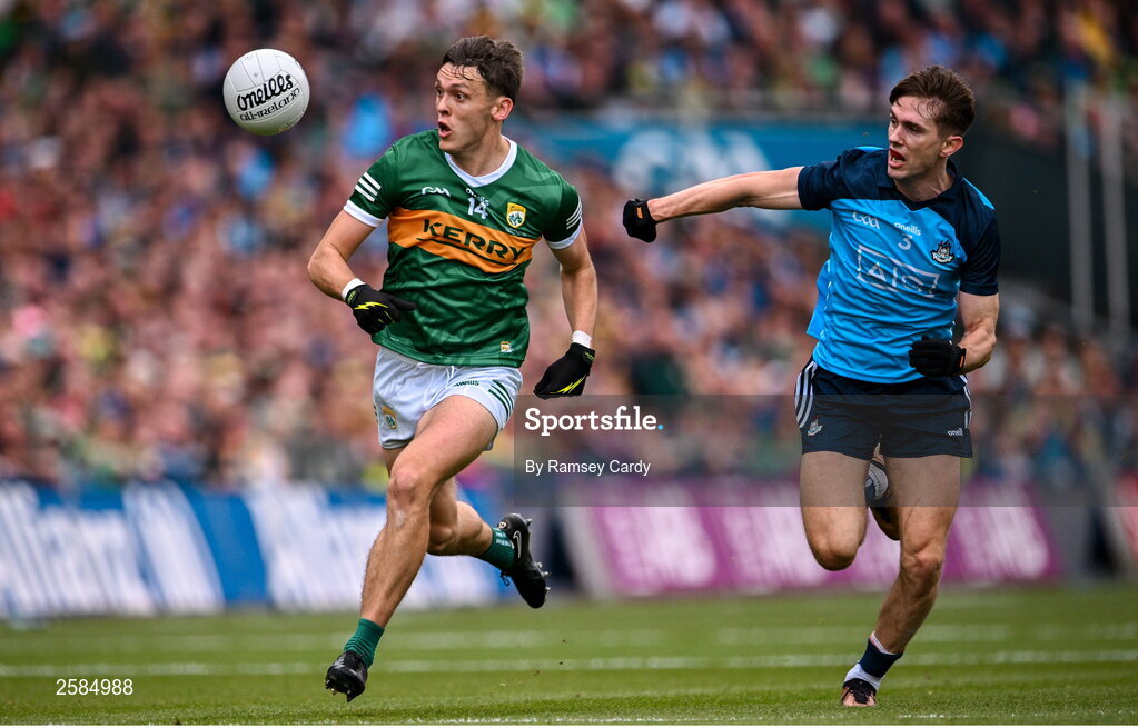 30 July 2023; David Clifford of Kerry in action against Michael Fitzsimons of Dublin during the GAA Football All-Ireland Senior Championship final match between Dublin and Kerry at Croke Park in Dublin. Photo by Ramsey Cardy/Sportsfile