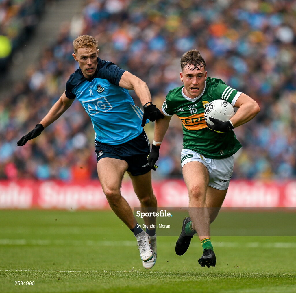 30 July 2023; Dara Moynihan of Kerry in action against Paul Mannion of Dublin during the GAA Football All-Ireland Senior Championship final match between Dublin and Kerry at Croke Park in Dublin. Photo by Brendan Moran/Sportsfile