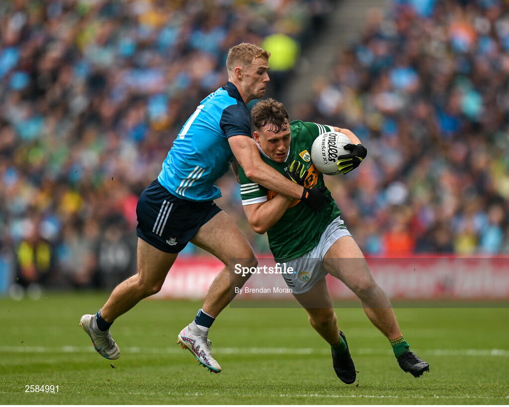 30 July 2023; Dara Moynihan of Kerry in action against Paul Mannion of Dublin during the GAA Football All-Ireland Senior Championship final match between Dublin and Kerry at Croke Park in Dublin. Photo by Brendan Moran/Sportsfile