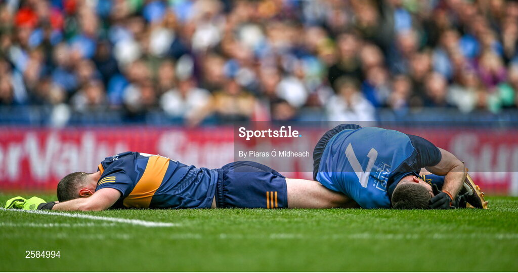30 July 2023; Kerry goalkeeper Shane Ryan and Lee Gannon of Dublin after a collision during the GAA Football All-Ireland Senior Championship final match between Dublin and Kerry at Croke Park in Dublin. Photo by Piaras Ó Mídheach/Sportsfile