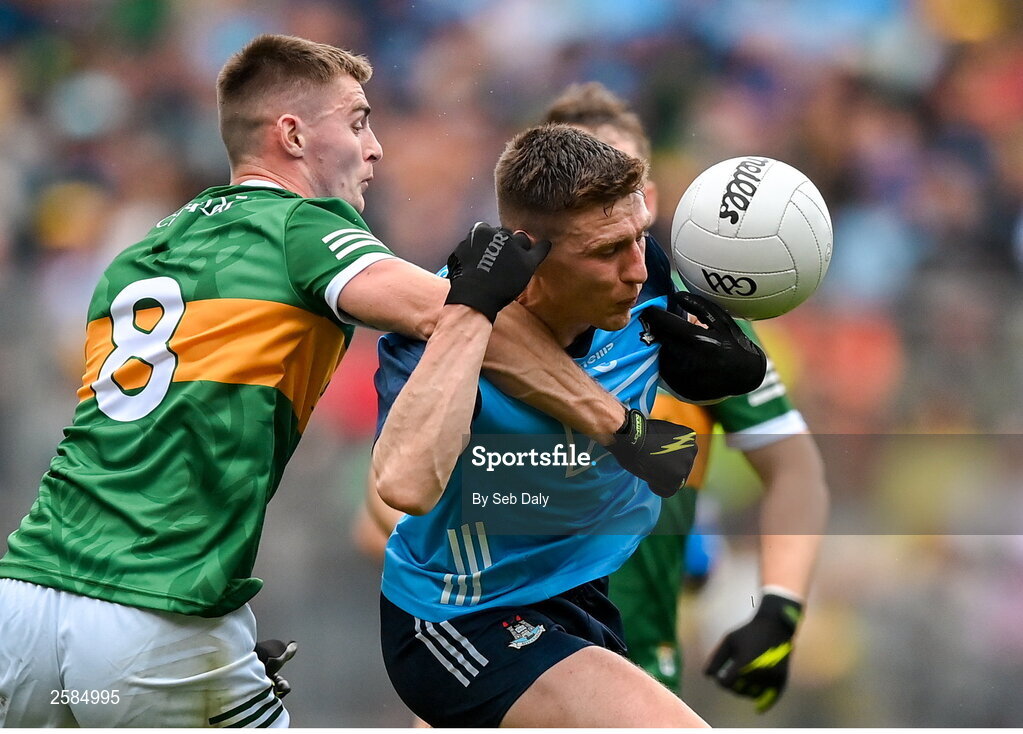30 July 2023; John Small of Dublin is tackled by Diarmuid O'Connor of Kerry during the GAA Football All-Ireland Senior Championship final match between Dublin and Kerry at Croke Park in Dublin. Photo by Seb Daly/Sportsfile
