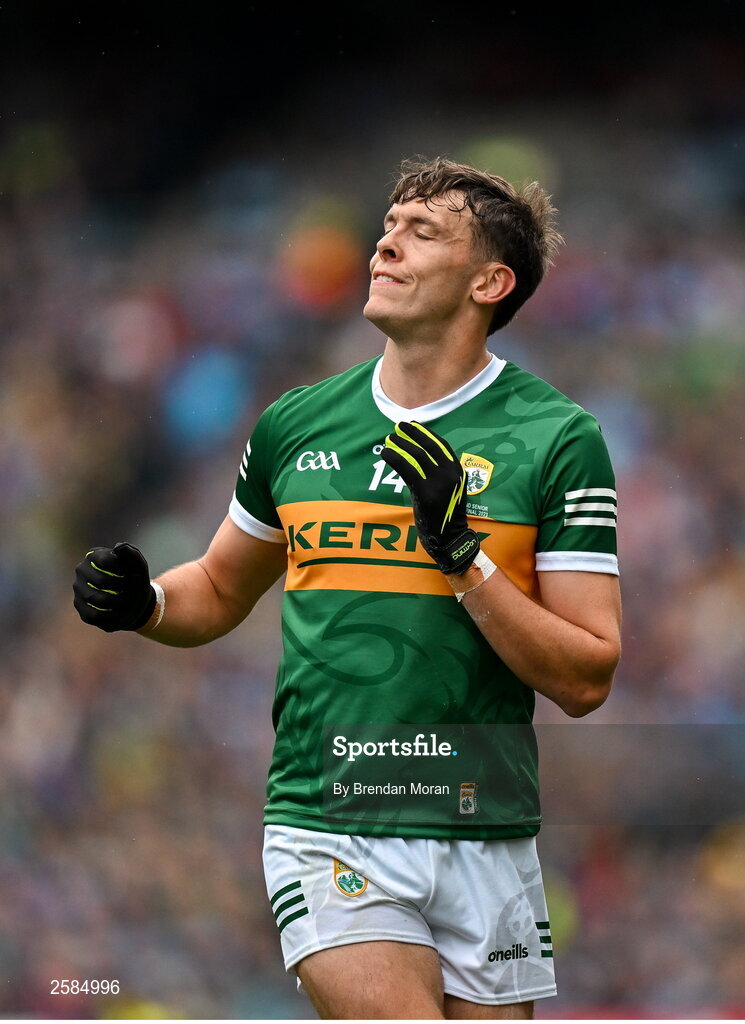 30 July 2023; David Clifford of Kerry reacts to a missed chance during the GAA Football All-Ireland Senior Championship final match between Dublin and Kerry at Croke Park in Dublin. Photo by Brendan Moran/Sportsfile