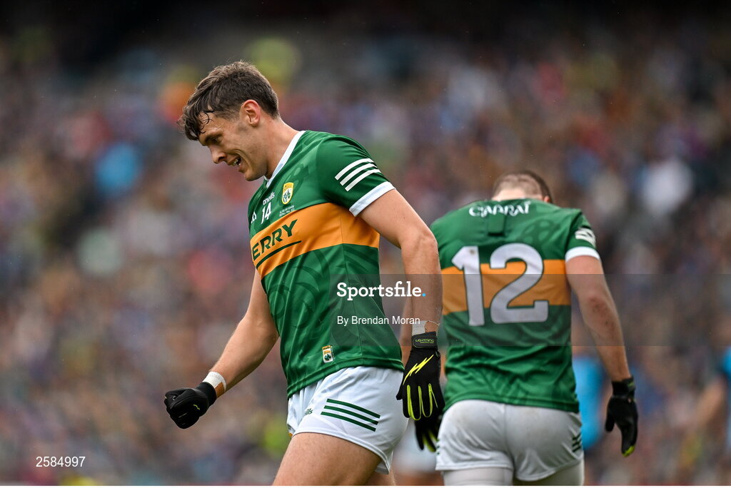 30 July 2023; David Clifford of Kerry reacts to a missed chance during the GAA Football All-Ireland Senior Championship final match between Dublin and Kerry at Croke Park in Dublin. Photo by Brendan Moran/Sportsfile