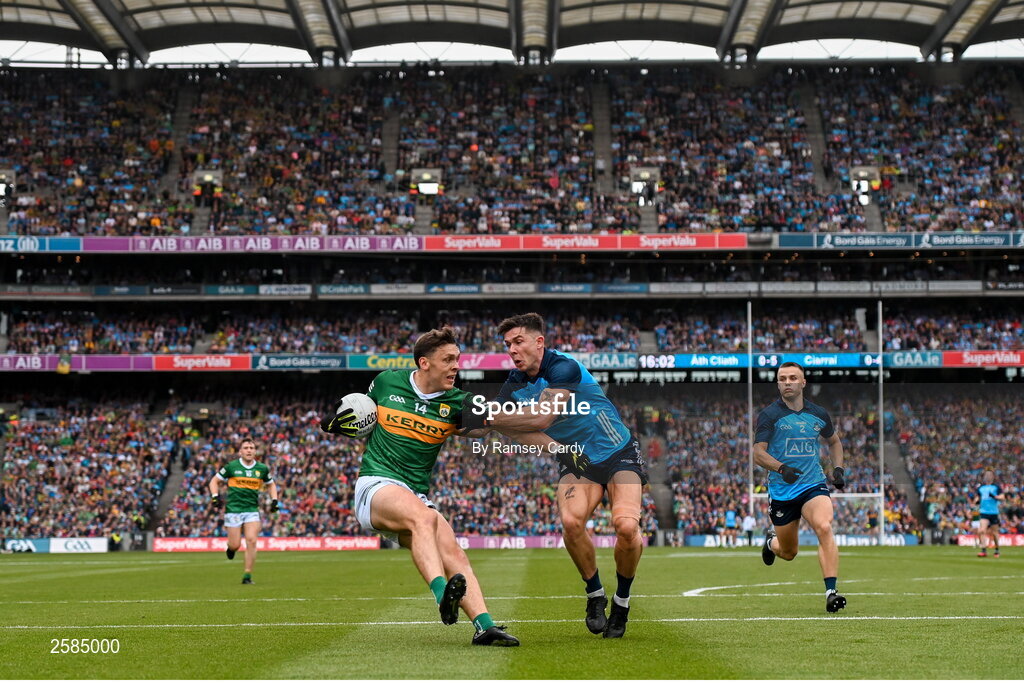 30 July 2023; David Clifford of Kerry in action against David Byrne of Dublin during the GAA Football All-Ireland Senior Championship final match between Dublin and Kerry at Croke Park in Dublin. Photo by Ramsey Cardy/Sportsfile