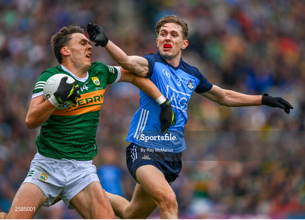 30 July 2023; David Clifford of Kerry is tackled by Michael Fitzsimons of Dublin during the GAA Football All-Ireland Senior Championship final match between Dublin and Kerry at Croke Park in Dublin. Photo by Ray McManus/Sportsfile