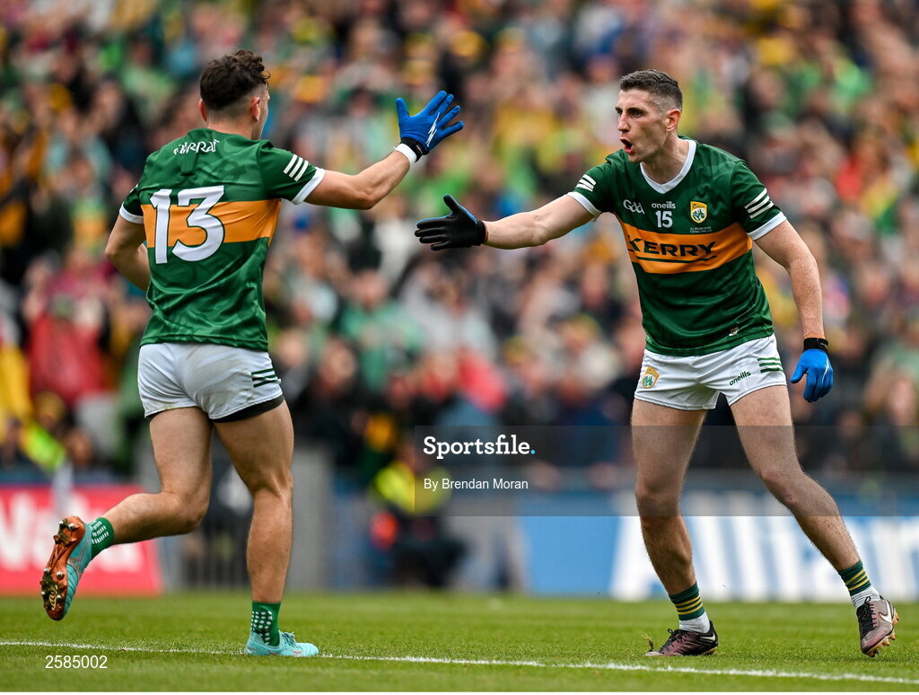 30 July 2023; Paul Geaney of Kerry right, celebrates with his teamate Paudie Clifford after scoring his side's first goal during the GAA Football All-Ireland Senior Championship final match between Dublin and Kerry at Croke Park in Dublin. Photo by Brendan Moran/Sportsfile