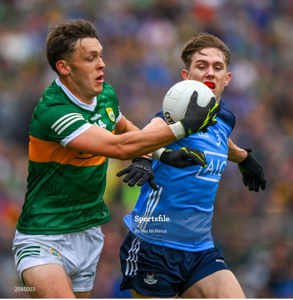 30 July 2023; David Clifford of Kerry is tackled by Michael Fitzsimons of Dublin during the GAA Football All-Ireland Senior Championship final match between Dublin and Kerry at Croke Park in Dublin. Photo by Ray McManus/Sportsfile