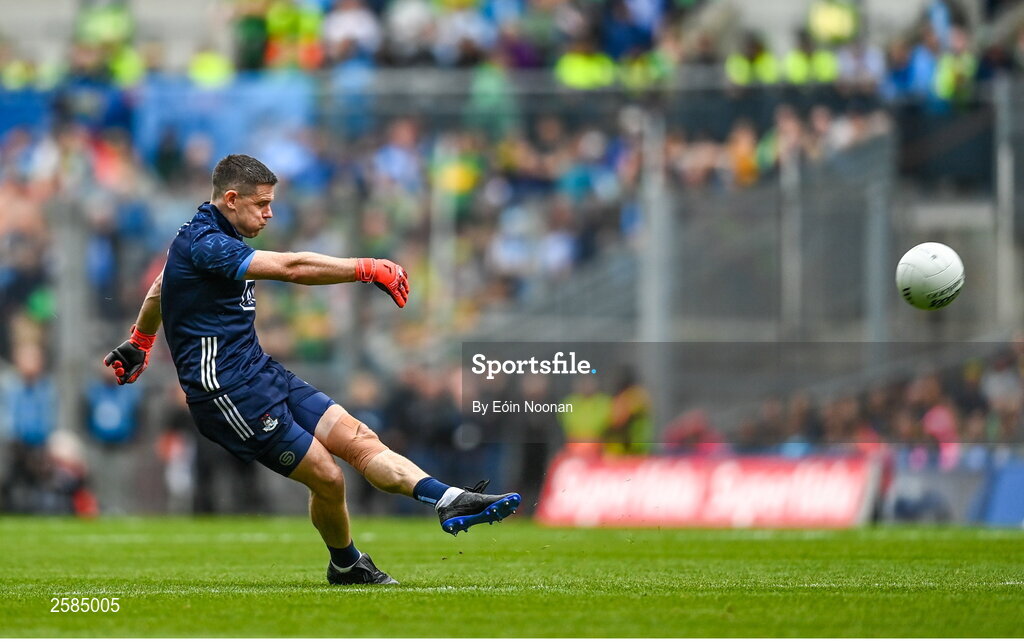 30 July 2023; Dublin goalkeeper Stephen Cluxton scores a point for his side during the GAA Football All-Ireland Senior Championship final match between Dublin and Kerry at Croke Park in Dublin. Photo by Eóin Noonan/Sportsfile