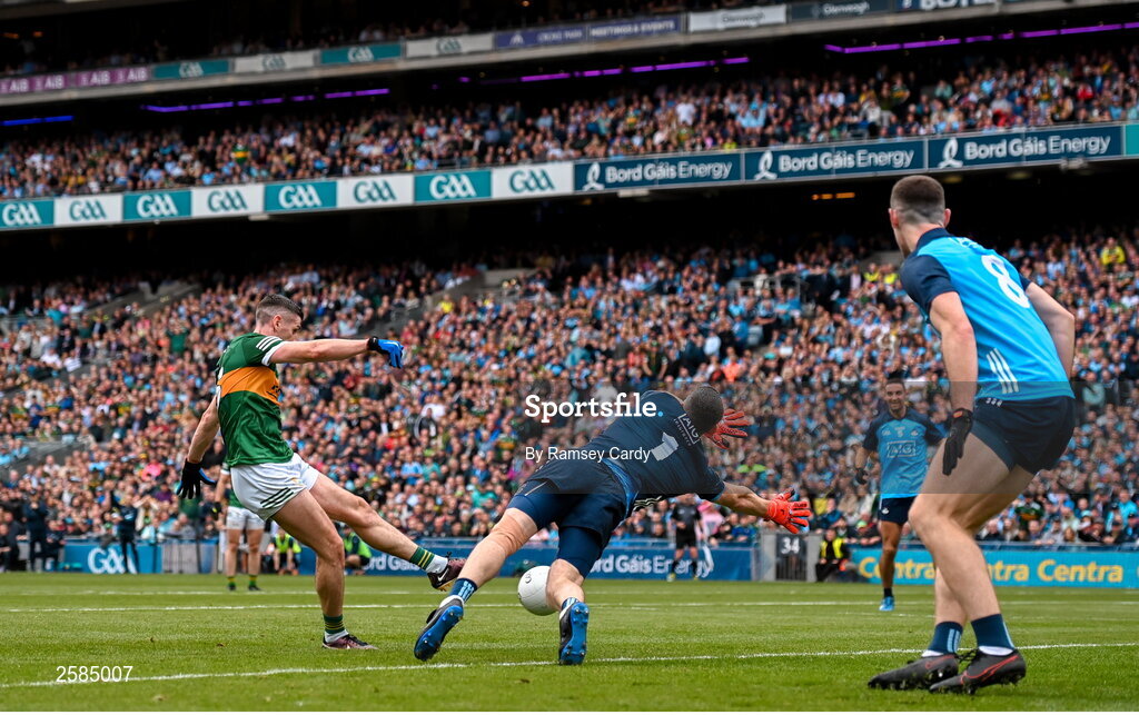 30 July 2023; Paul Geaney of Kerry scores his side's first goal past Dublin goalkeeper Stephen Cluxton during the GAA Football All-Ireland Senior Championship final match between Dublin and Kerry at Croke Park in Dublin. Photo by Ramsey Cardy/Sportsfile