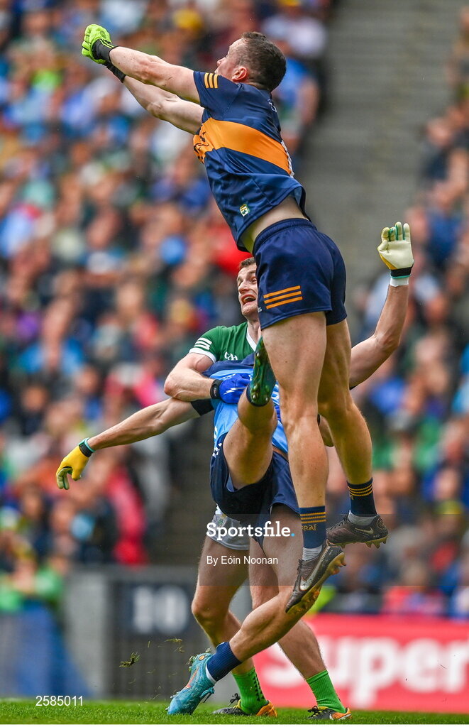 30 July 2023; Kerry goalkeeper Shane Ryan collides with Cormac Costello of Dublin during the GAA Football All-Ireland Senior Championship final match between Dublin and Kerry at Croke Park in Dublin. Photo by Eóin Noonan/Sportsfile