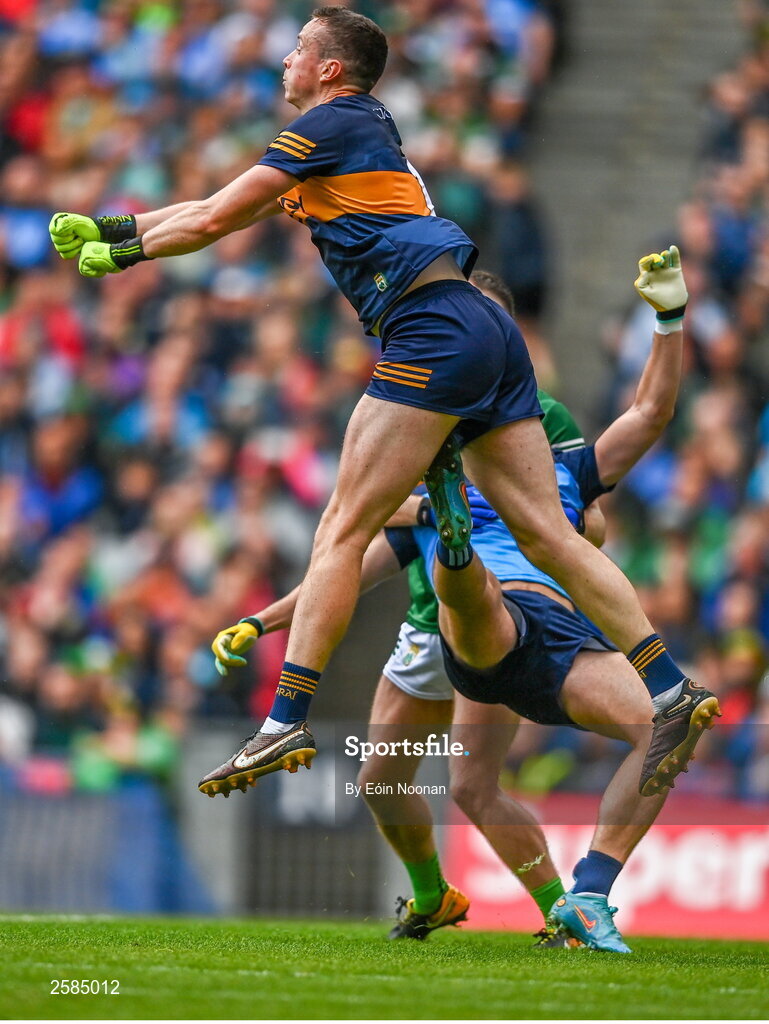 30 July 2023; Kerry goalkeeper Shane Ryan collides with Cormac Costello of Dublin during the GAA Football All-Ireland Senior Championship final match between Dublin and Kerry at Croke Park in Dublin. Photo by Eóin Noonan/Sportsfile