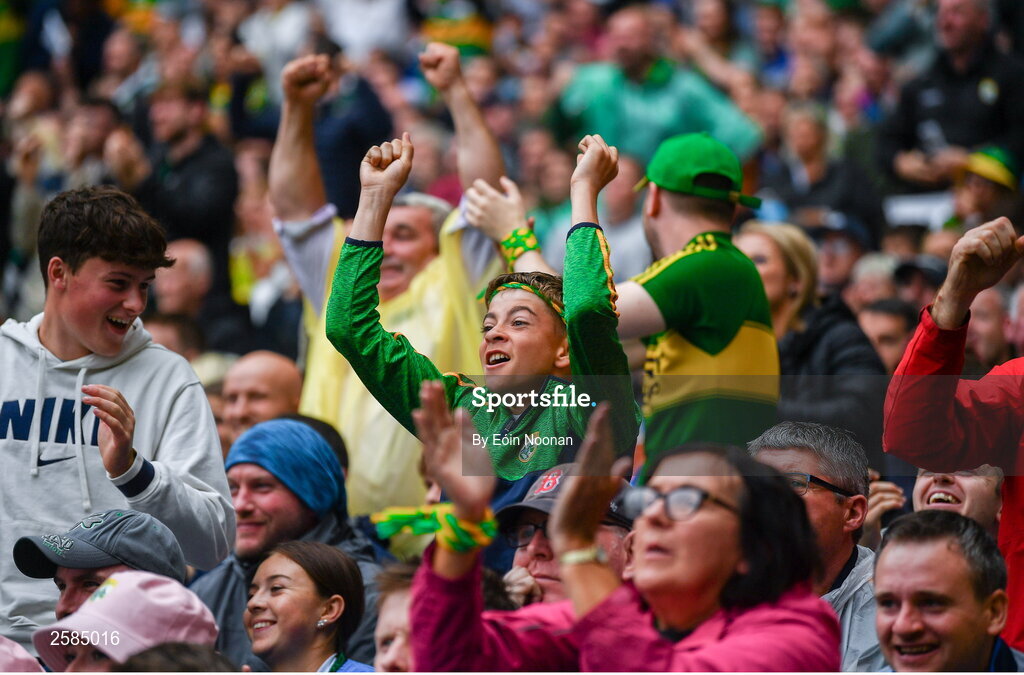 30 July 2023; A Kerry supporter celebrates their side's first goal during the GAA Football All-Ireland Senior Championship final match between Dublin and Kerry at Croke Park in Dublin. Photo by Eóin Noonan/Sportsfile