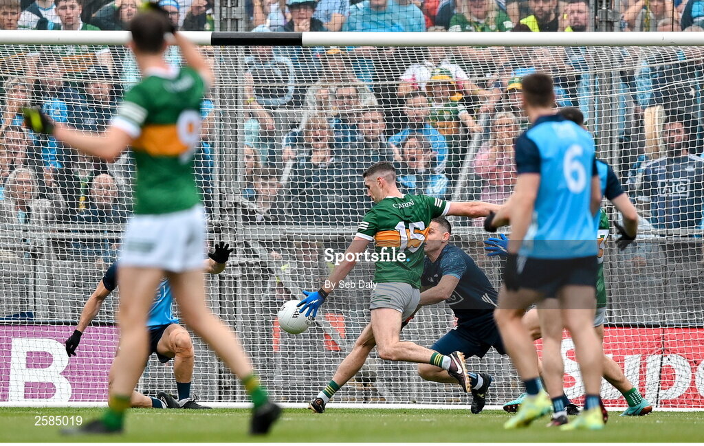 30 July 2023; Paul Geaney of Kerry scores his side's first goal, past Dublin goalkeeper Stephen Cluxton, during the GAA Football All-Ireland Senior Championship final match between Dublin and Kerry at Croke Park in Dublin. Photo by Seb Daly/Sportsfile