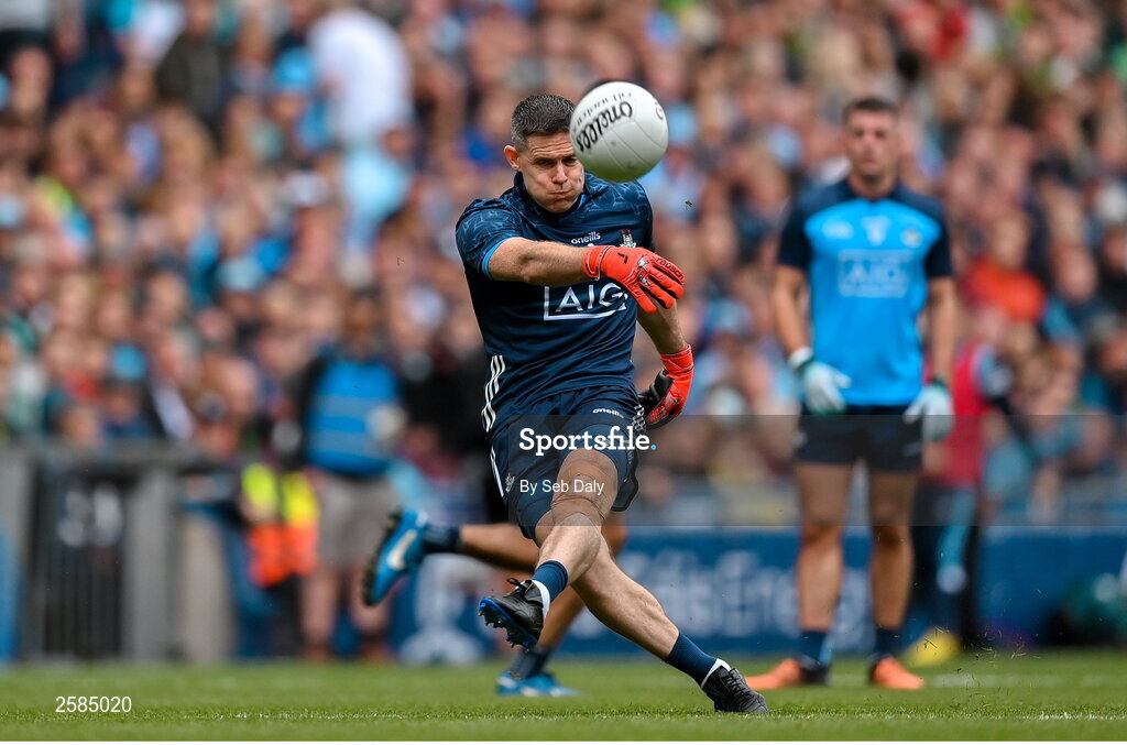 30 July 2023; Dublin goalkeeper Stephen Cluxton converts a free during the GAA Football All-Ireland Senior Championship final match between Dublin and Kerry at Croke Park in Dublin. Photo by Seb Daly/Sportsfile