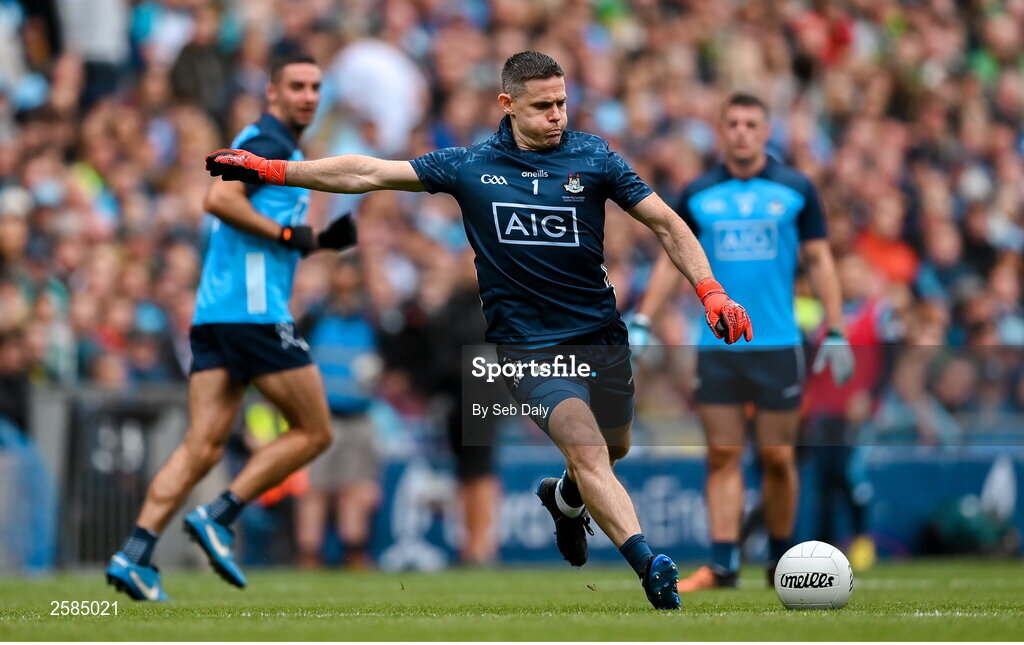 30 July 2023; Dublin goalkeeper Stephen Cluxton converts a free during the GAA Football All-Ireland Senior Championship final match between Dublin and Kerry at Croke Park in Dublin. Photo by Seb Daly/Sportsfile