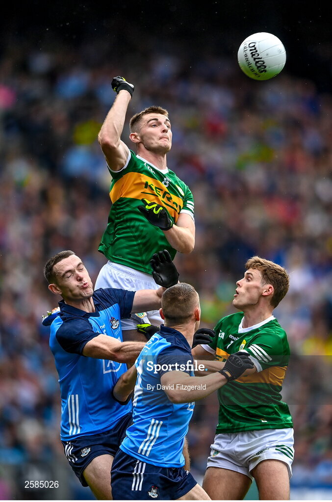 30 July 2023; Jack Barry of Kerry wins a high ball during the GAA Football All-Ireland Senior Championship final match between Dublin and Kerry at Croke Park in Dublin. Photo by David Fitzgerald/Sportsfile