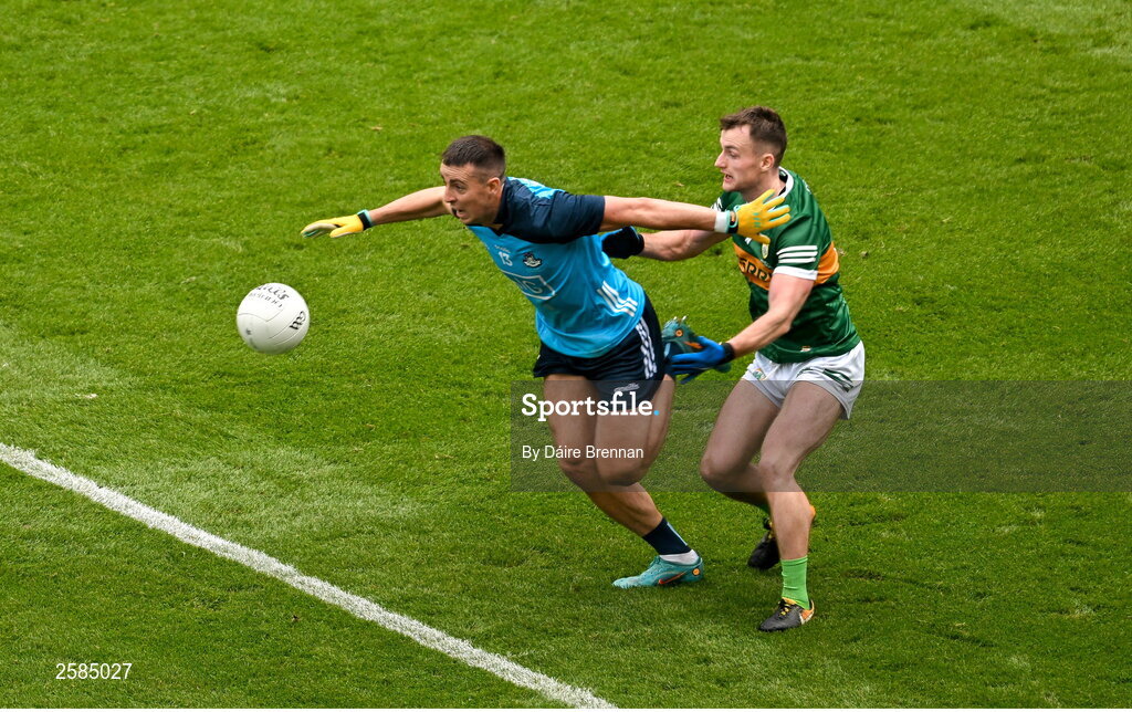 30 July 2023; Cormac Costello of Dublin in action against Tom O'Sullivan of Kerry during the GAA Football All-Ireland Senior Championship final match between Dublin and Kerry at Croke Park in Dublin. Photo by Daire Brennan/Sportsfile