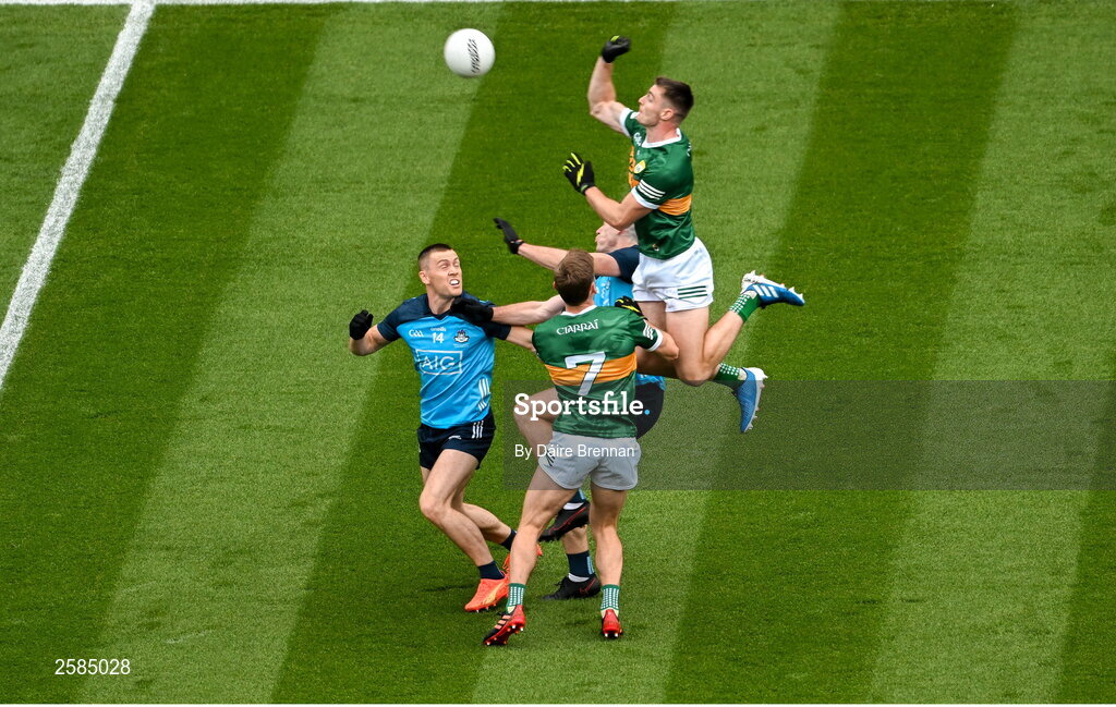 30 July 2023; Diarmuid O'Connor, right, and Gavin White of Kerry in action against Con O'Callaghan, left, and Brian Fenton of Dublin during the GAA Football All-Ireland Senior Championship final match between Dublin and Kerry at Croke Park in Dublin. Photo by Daire Brennan/Sportsfile