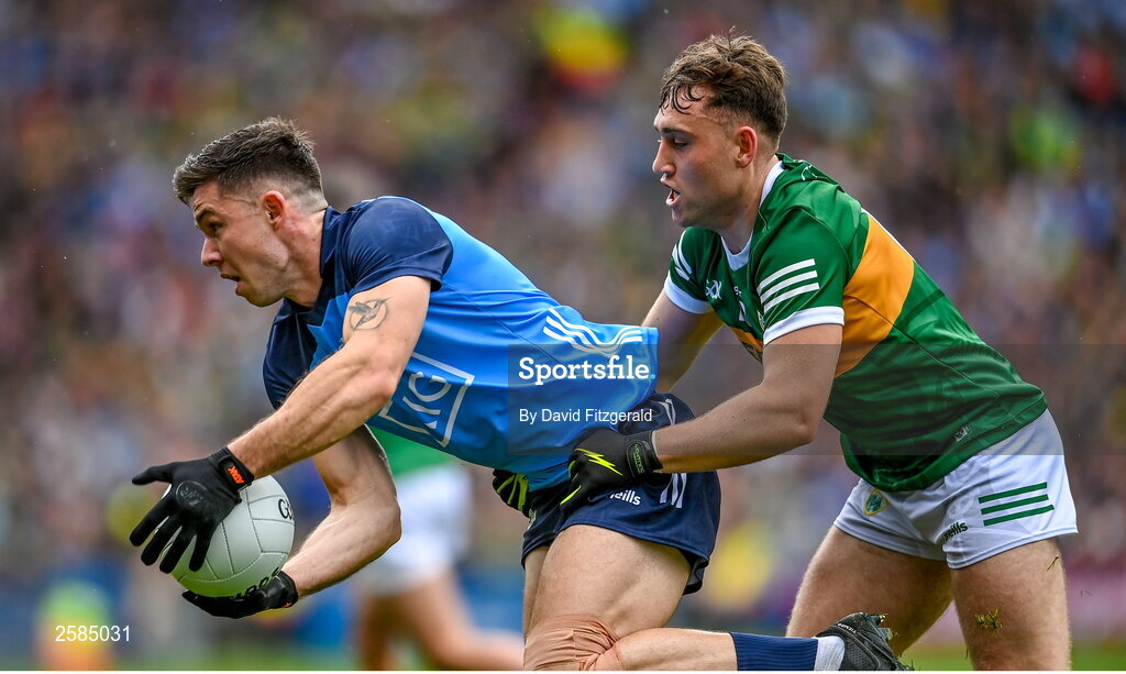 30 July 2023; David Byrne of Dublin in action against Dara Moynihan of Kerry during the GAA Football All-Ireland Senior Championship final match between Dublin and Kerry at Croke Park in Dublin. Photo by David Fitzgerald/Sportsfile