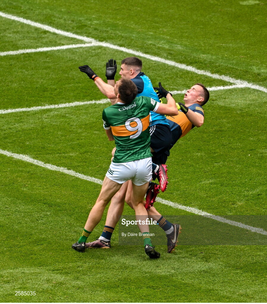 30 July 2023; Lee Gannon of Dublin collides with Kerry goalkeeper Shane Ryan during the GAA Football All-Ireland Senior Championship final match between Dublin and Kerry at Croke Park in Dublin. Photo by Daire Brennan/Sportsfile